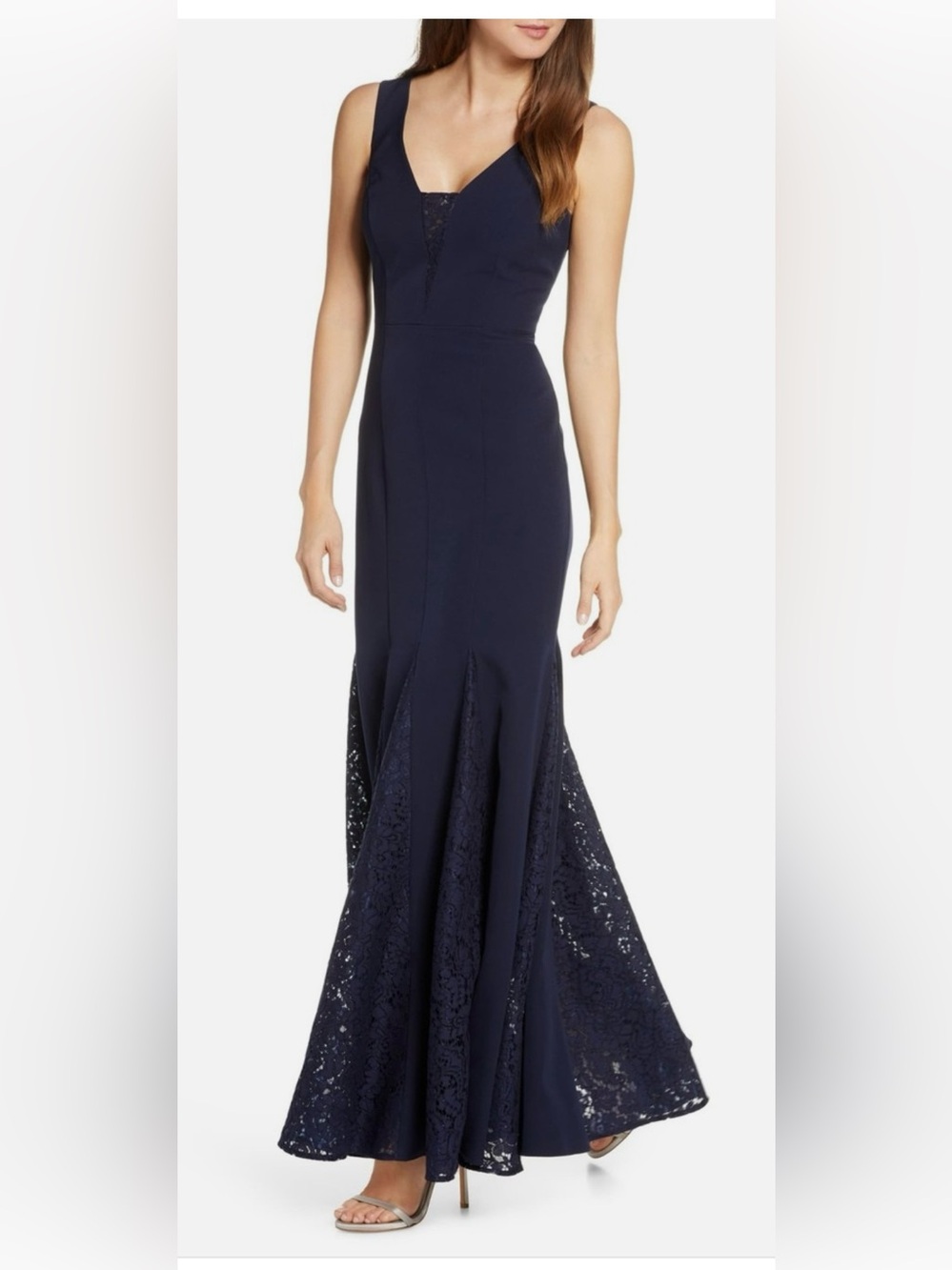 Eliza J Navy Lace-Inset Mermaid Maxi Skirt